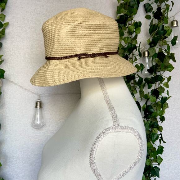 Nine West Beige Classic Straw Beach Sun Bucket Hat Women's One Size - Picture 2 of 7